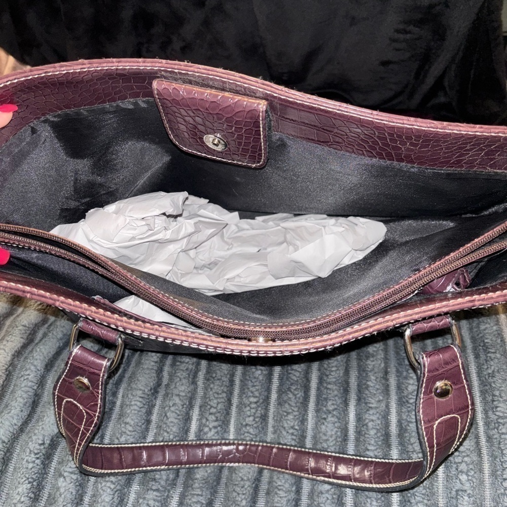Croc embossed tote shoulder bag / laptop bag purse burgundy, Large - Picture 4 of 11